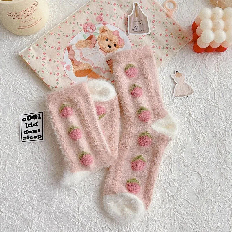 Rabbit Velvet Socks Children's Autumn and Winter Thick Warm Socks Floor Socks Plush Soft Breathable Pink Strawberry Girl Socks Peaceful Pleasures Health and Wellness Style 3 One Size