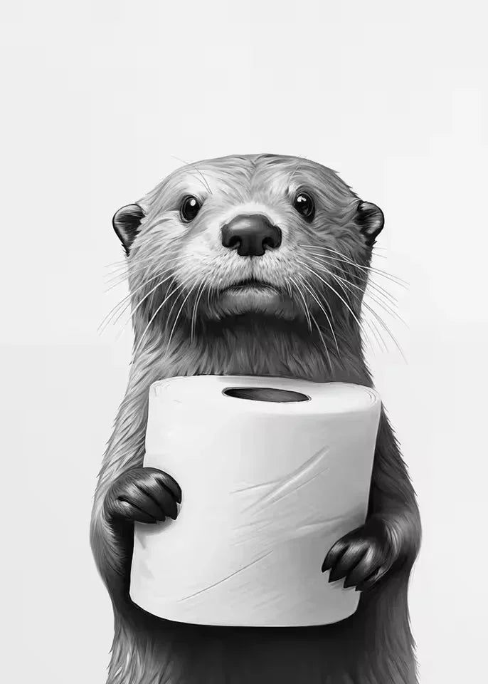 Funny Otter Toilet Paper Canvas Wall Art | Bathroom Poster