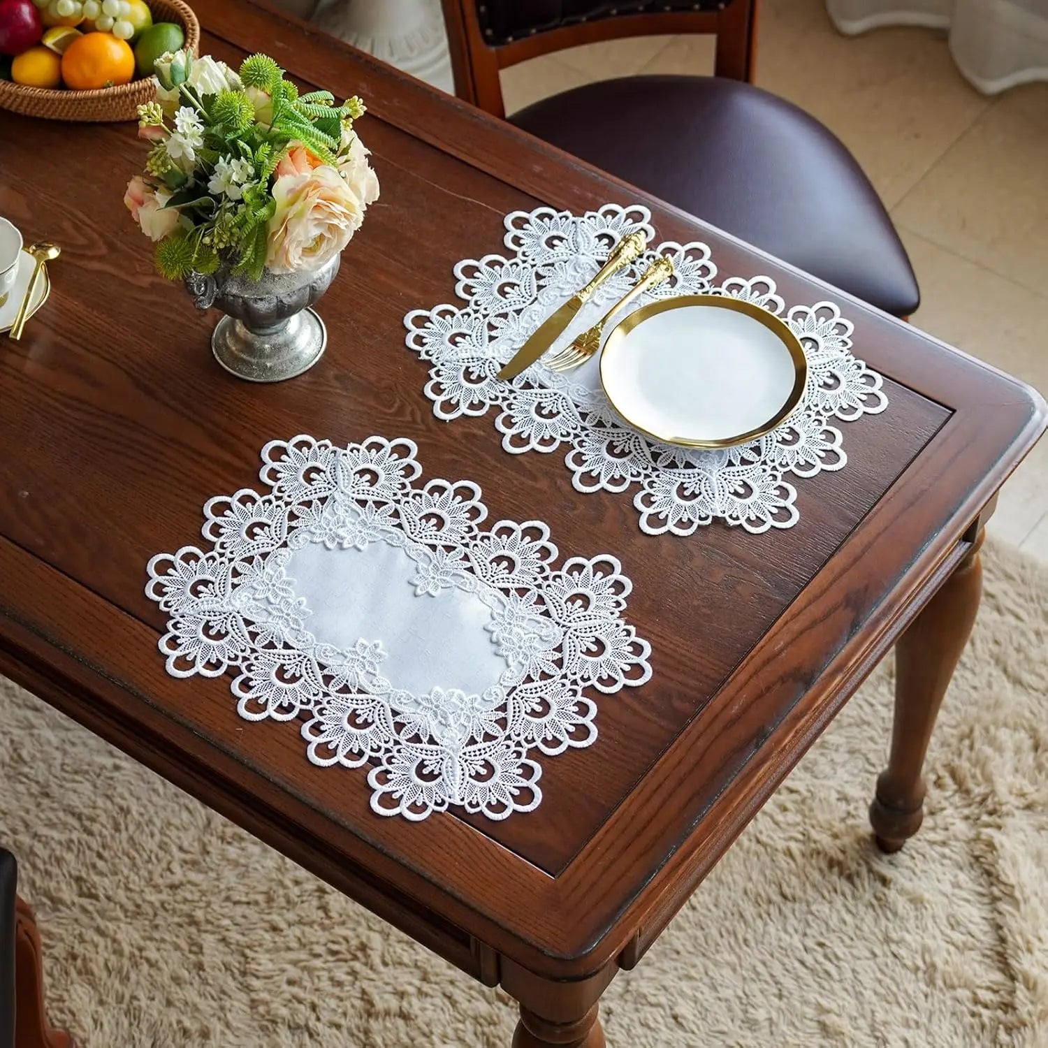 Battilo White Lace Placemats for Dining Table Embroidered Rectangle Cup Mat Set of 2 Decorative Table Mats Wedding Party Decor Peaceful Pleasures Health and Wellness