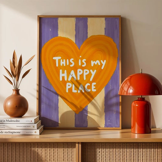"This Is My Happy Place" Retro Quote Canvas Wall Art Print Quote Canvas Print Peaceful Pleasures Health and Wellness G3652-1 21x30cm White Framed