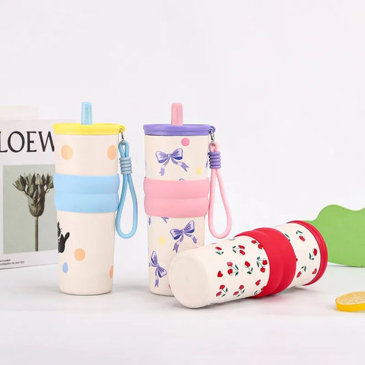 2026 Hot 710ML Printed Bow Vacuum Cup Insulation Or Cooling Stainless Steel Cup With Lifting Rope High-Capacity Insulated Cup Peaceful Pleasures Health and Wellness