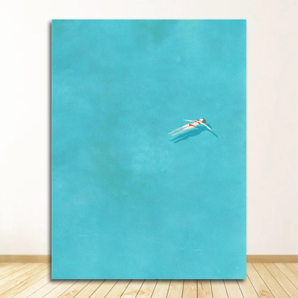 Cartoon Girl Swim Canvas Wall Art | Nordic Kids Room Poster