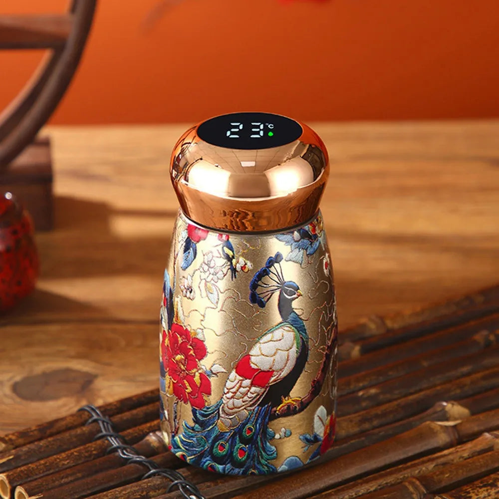 304 Stainless Steel Insulated Cup 230ml Chinese Style Thermal Water Bottle Leak-Proof Temperature Display Coffee Mug Peaceful Pleasures Health and Wellness Peacock 51-100ml