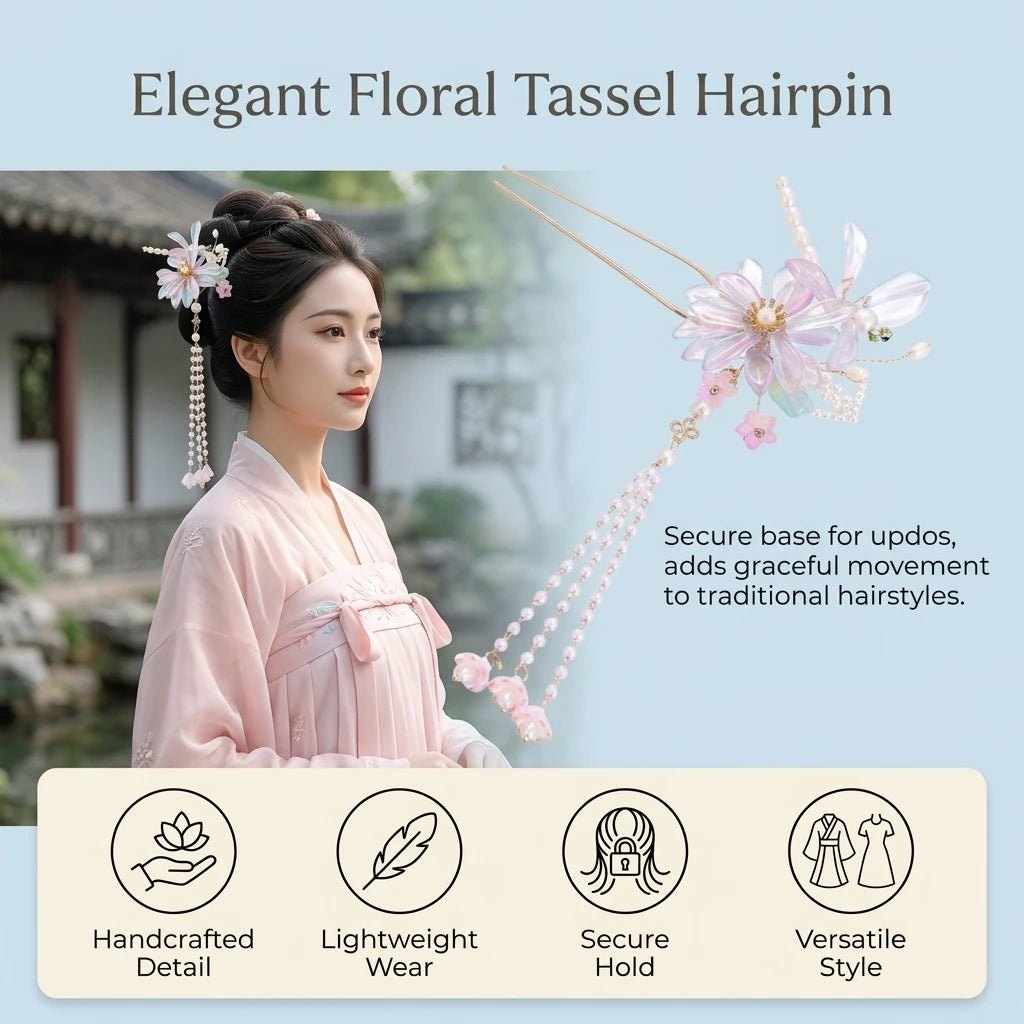 New Chinese Style Flower Tassel Hairpin for Women Alloy Metal Traditional Hanfu Hair Accessory with Secure Base Suitable for Peaceful Pleasures Health and Wellness