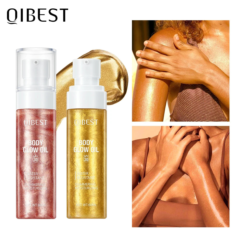 QIBEST Liquid Shimmer Body Highlighter Oil Makeup Glitter Spray Oil Lotion Full Body And Face Glow-Up Liquid Lotion Highlighter Peaceful Pleasures Health and Wellness