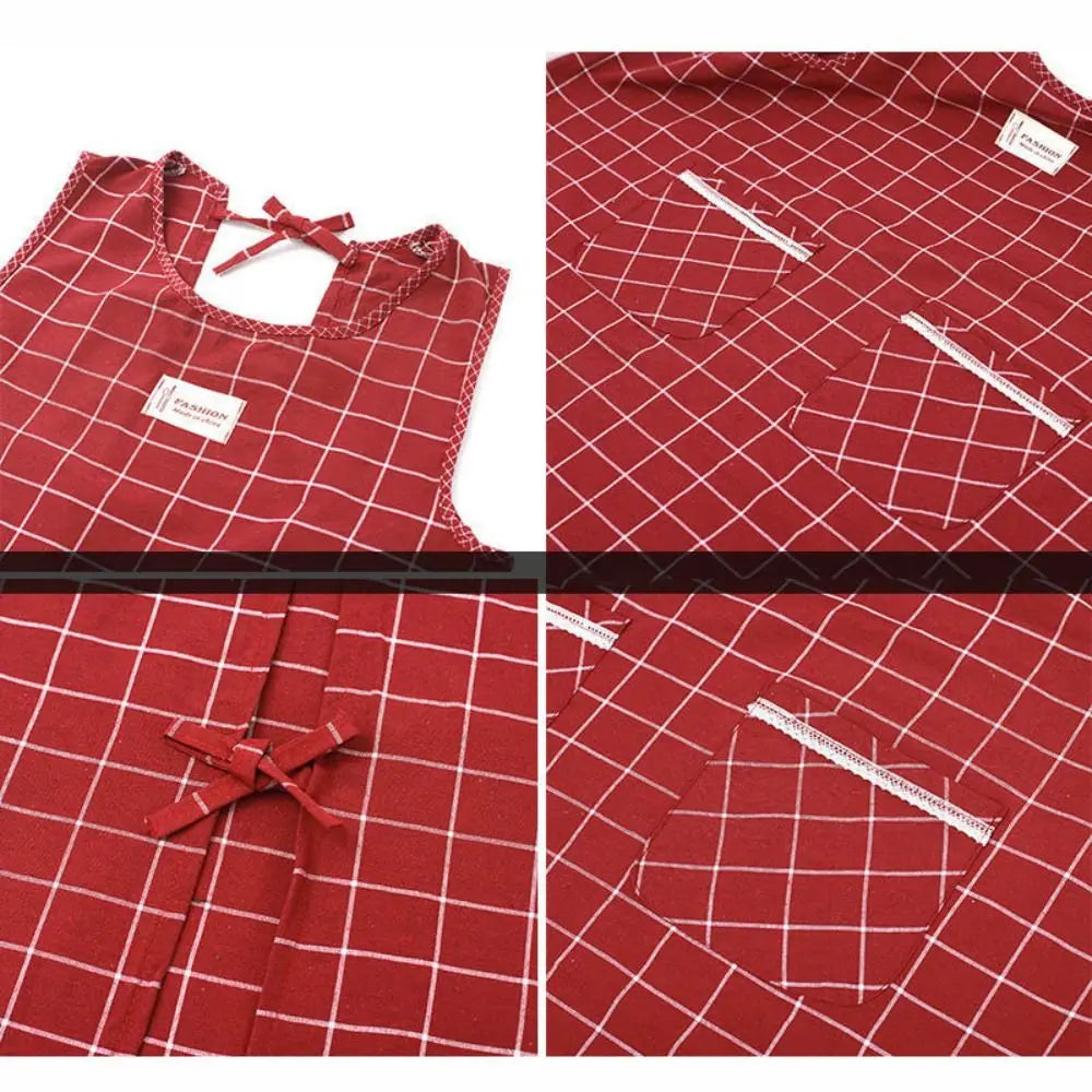 Women's Plaid Cotton Sleeveless Apron – Oil-Proof, Large Pocket