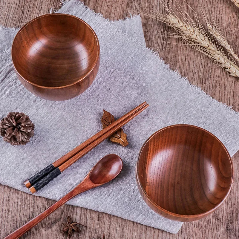 Japanese Style Acacia Wooden Bowl for Children's Dining Anti DropBowl Exclusive Wooden Bowl Retro Home Tableware Set Salad Bowl Peaceful Pleasures Health and Wellness