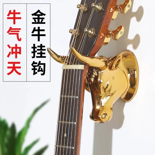 Luxurious Golden Bull Head Shaped Guitar Holder Wall Mount Hook Bass Peaceful Pleasures Health and Wellness
