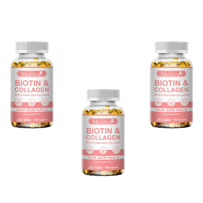 Mulittea Biotin & Collagen Capsules for Hair, Skin & Nails Dietary Supplement Peaceful Pleasures Health and Wellness 120pcs 3bottles United States