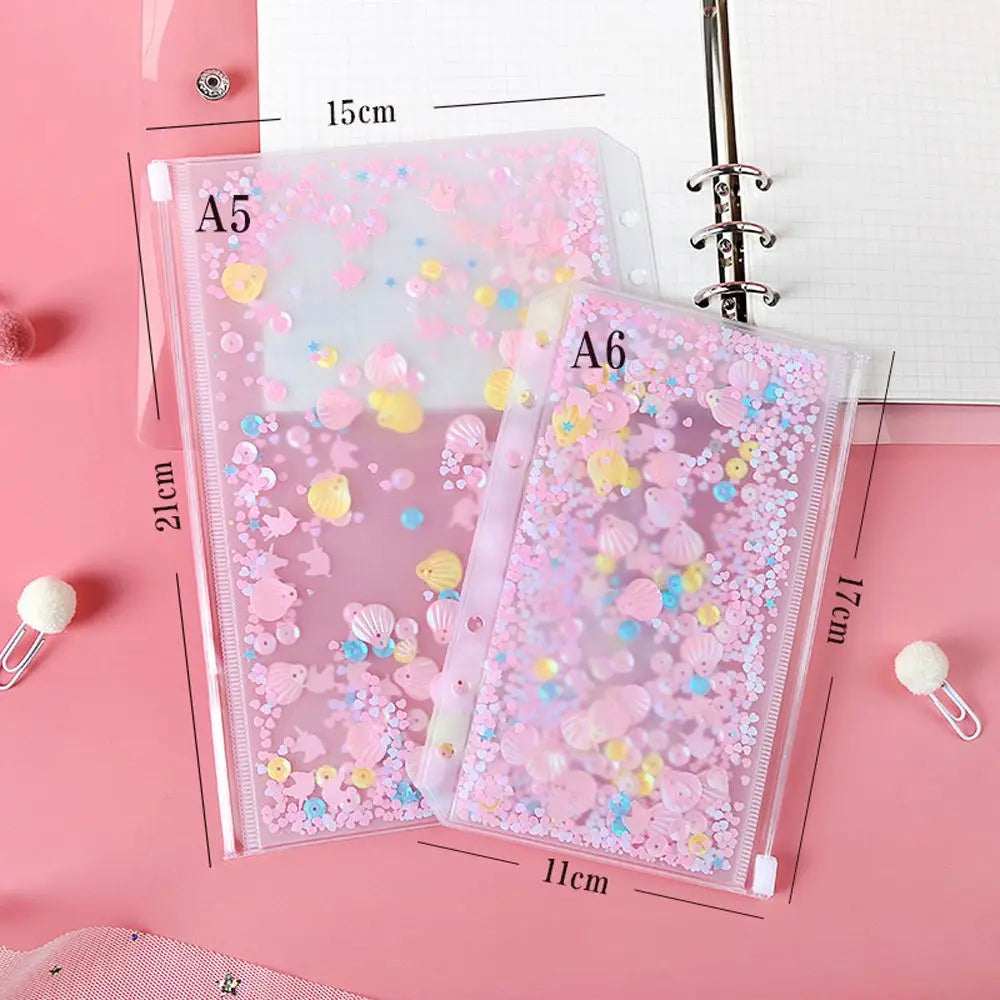 School Stationery Creativity Glitter Sequins Loose Leaf Zipper PVC Handbook A5/A6 Binder Storage Pouch Inner Pocket File Holder Peaceful Pleasures Health and Wellness