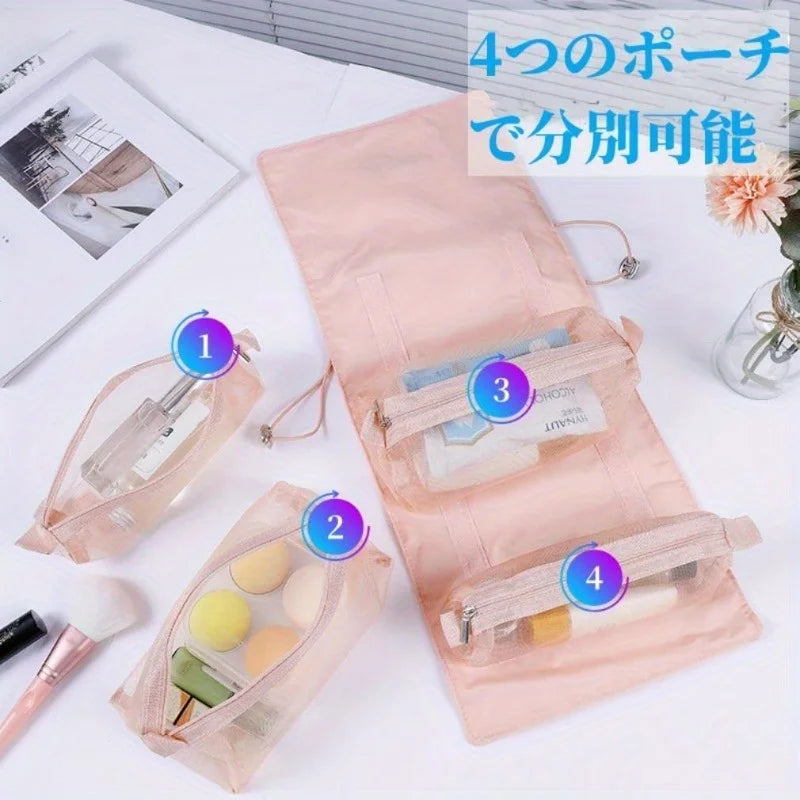 Large capacity makeup storage bag with 4 detachable compartments and foldable hanging makeup bag with hanging ring Peaceful Pleasures Health and Wellness