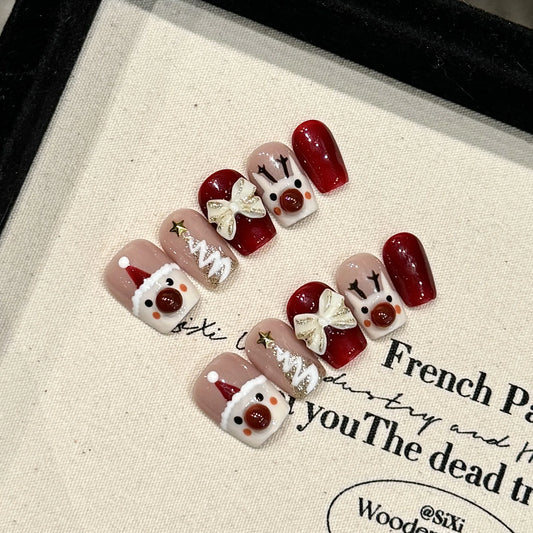 Christmas Press-On Nails | Bow & Deer Short Red Design – 10pcs Press-On Nail Set Peaceful Pleasures Health and Wellness L 1