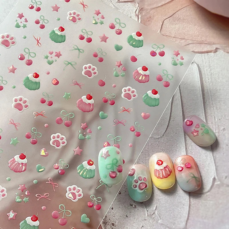 Fresh Sweet Fruits Strawberry Cherry Bowknot Love Heart Bow 5D Nail Art Stickers Self Adhesive Decorations Nail Manicure Decal Peaceful Pleasures Health and Wellness
