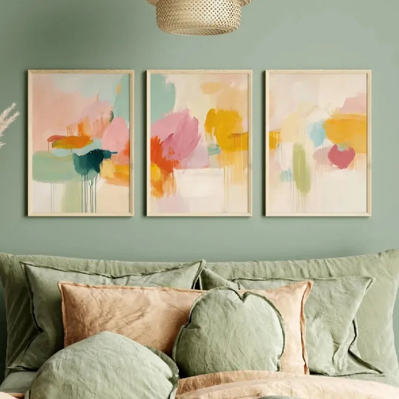 3-Piece Abstract Canvas Wall Art | Pink Orange Green Landscape Canvas Wall Art Peaceful Pleasures Health and Wellness