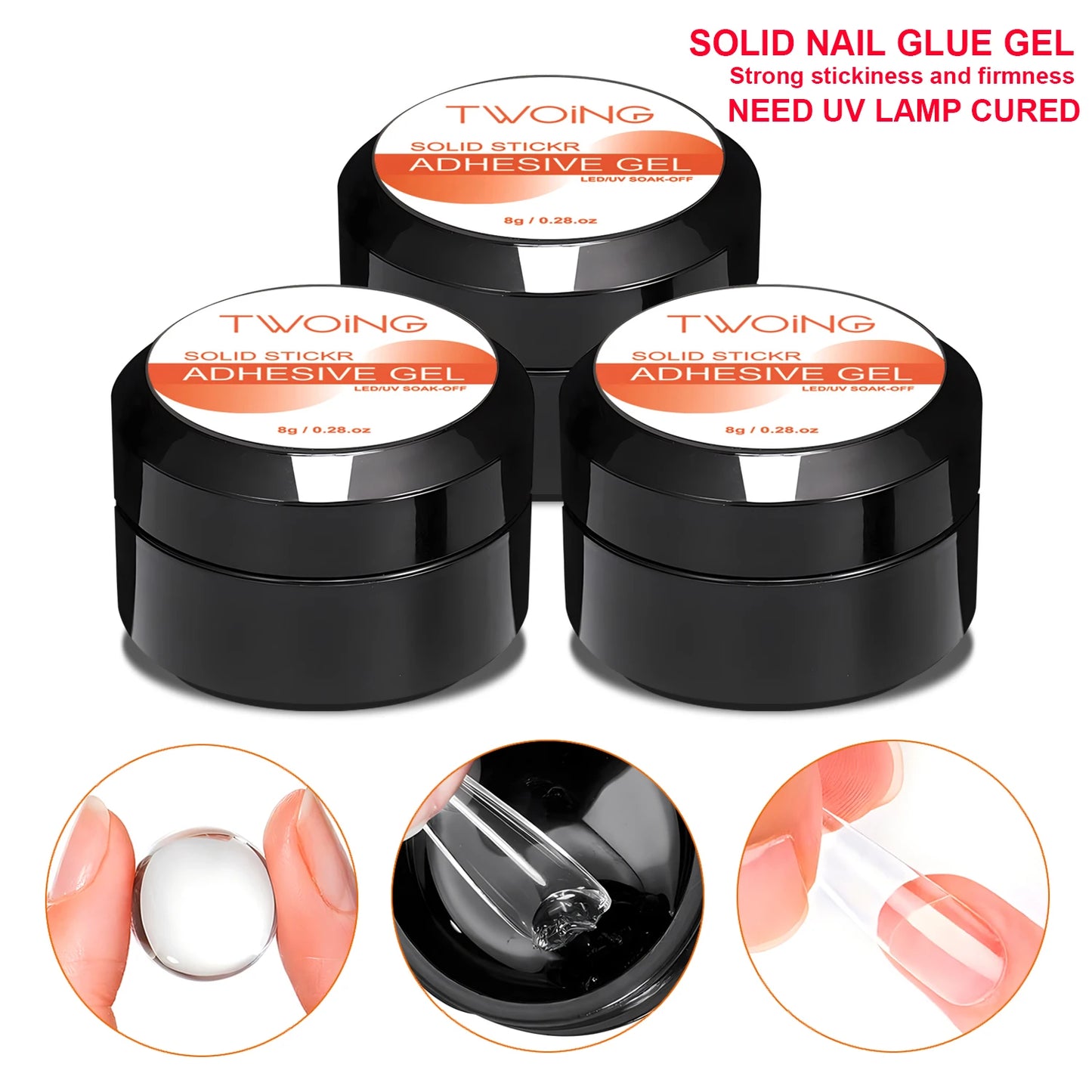 3 Bottles Solid Nail Glue Gel Nail Tips Glue Gel, Clear No Wipe Adhesive Rhinestone Gems Glue, Transparent Nail Art Gel Varnish Peaceful Pleasures Health and Wellness