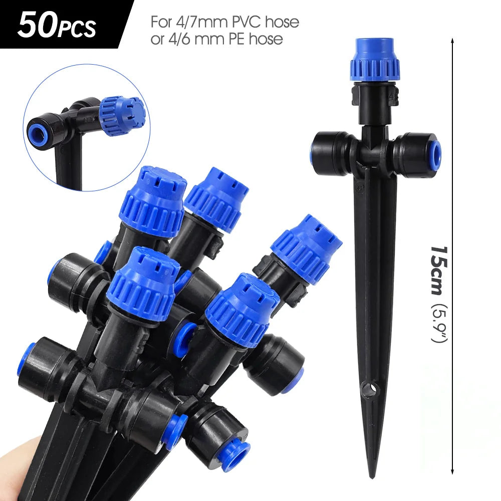 8-holes Drippers with Garden Irrigation Watering Supplies Stake 180° Bend Adjustable Sprinklers Quick Insert Slip Lock Sprayer Peaceful Pleasures Health and Wellness 50pcs