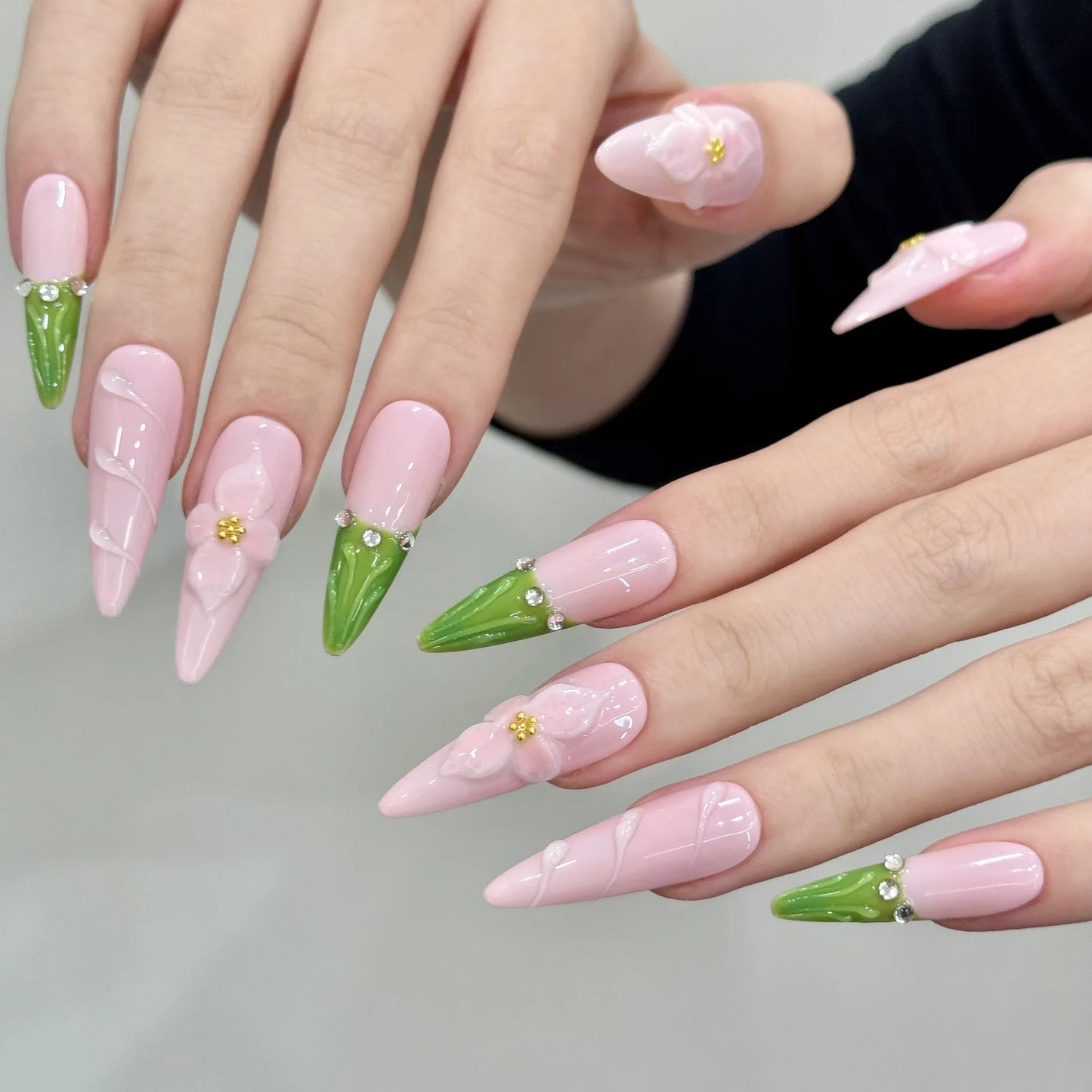 10pcs Handmade Summer Press on Nails Sweet Pink Long Almond False Nails Wearable Ins 3d Carved Flower French False Nail Tips Peaceful Pleasures Health and Wellness