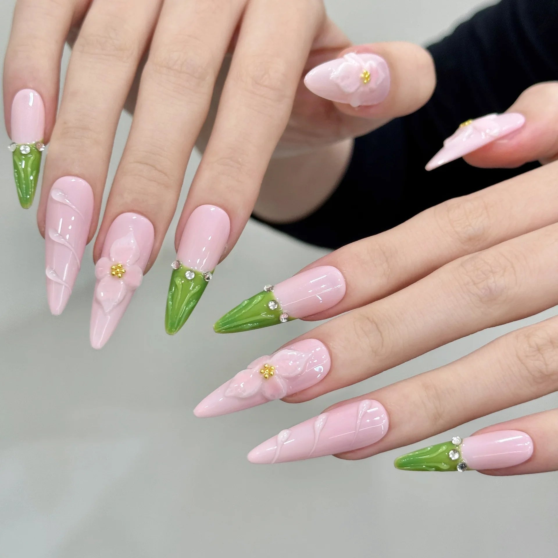 10pcs Handmade Summer Press on Nails Sweet Pink Long Almond False Nails Wearable Ins 3d Carved Flower French False Nail Tips Peaceful Pleasures Health and Wellness