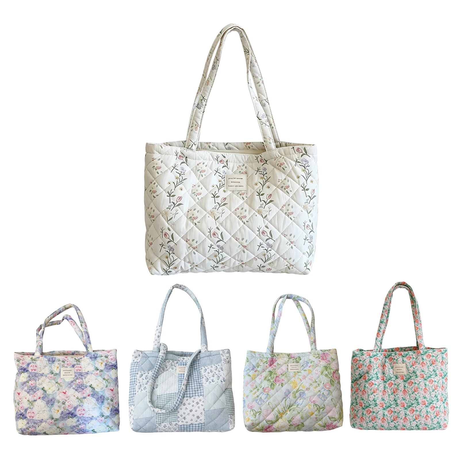 Women Quilted Cotton Laptop Work Tote Bag Lightweight Flower Print Shoulder Bags French Styles Armpit Bags for Daily Travel Work Peaceful Pleasures Health and Wellness