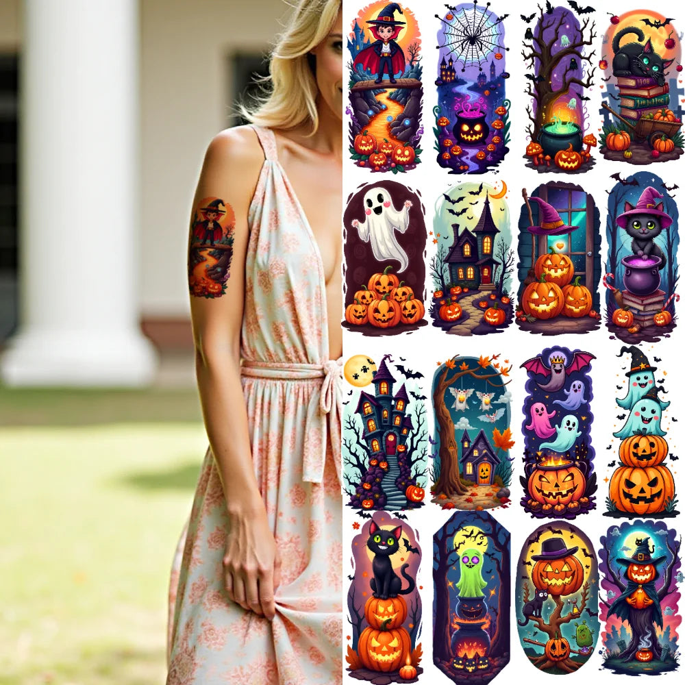 12-Pack Halloween Temporary Tattoos – Ghost, Moon & Pumpkin