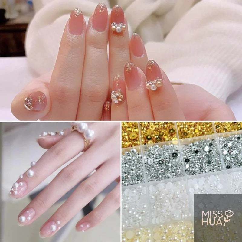 12-Grid Pearl Nail Charms Set – Gold & Silver Semi-Circular