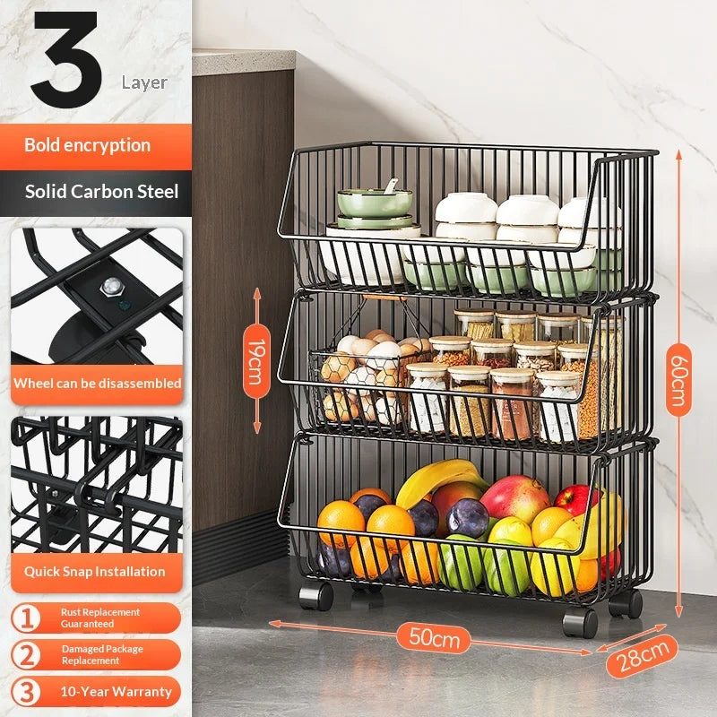 Sturdy Heavy Duty Space Saving Multilayer Kitchen Vegetable Fruit Storage Rack Rolling Cart with Baskets for Home Pantry Peaceful Pleasures Health and Wellness