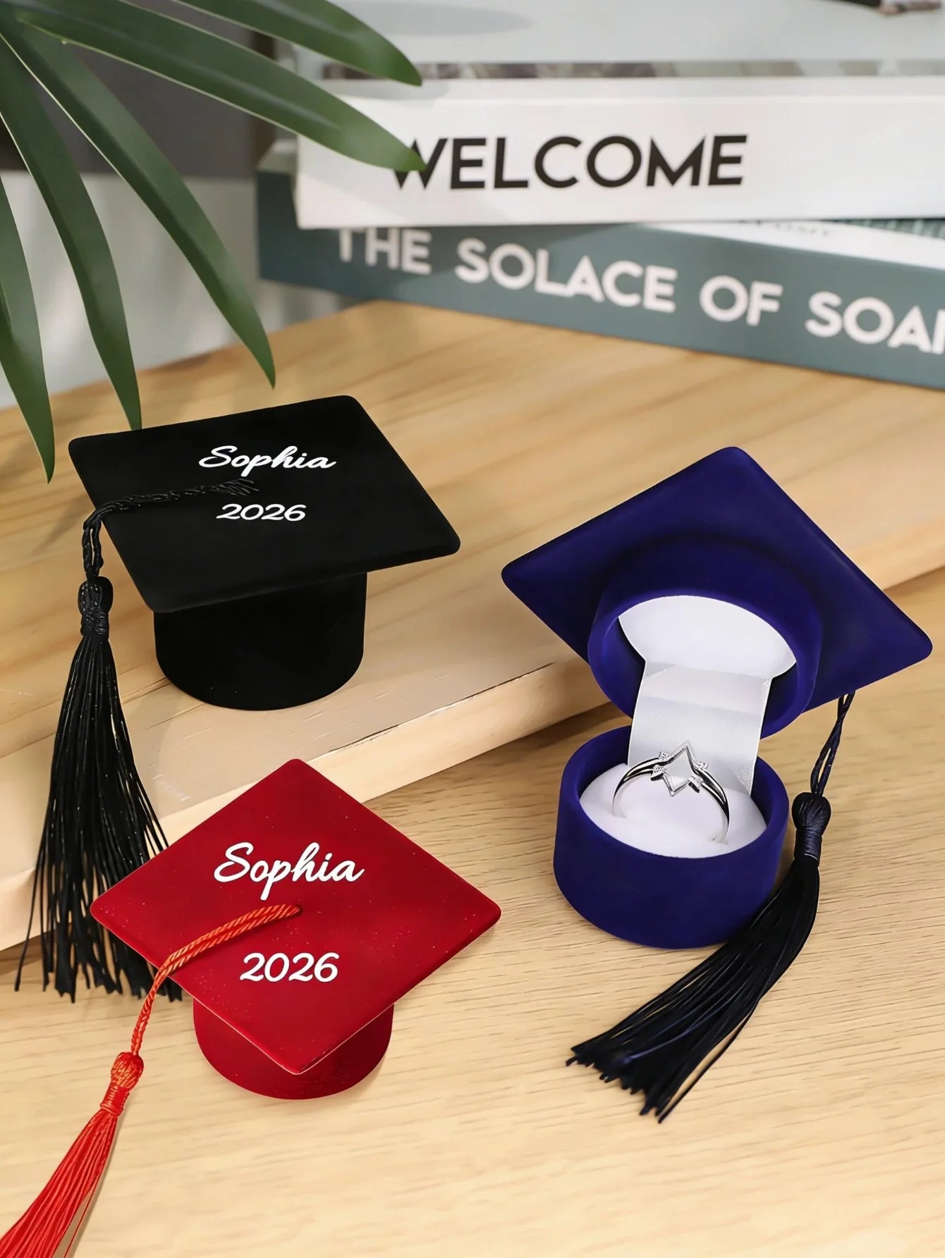 Custom Graduation Cap Ring Box Personalized Name Date Black Velvet Graduate Hat Jewelry Gift Box for High School College Peaceful Pleasures Health and Wellness multicolor Blue
