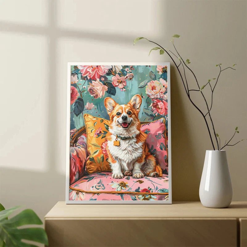 Dog on Stool Retro Canvas Wall Art | Bichon Frise Pomeranian