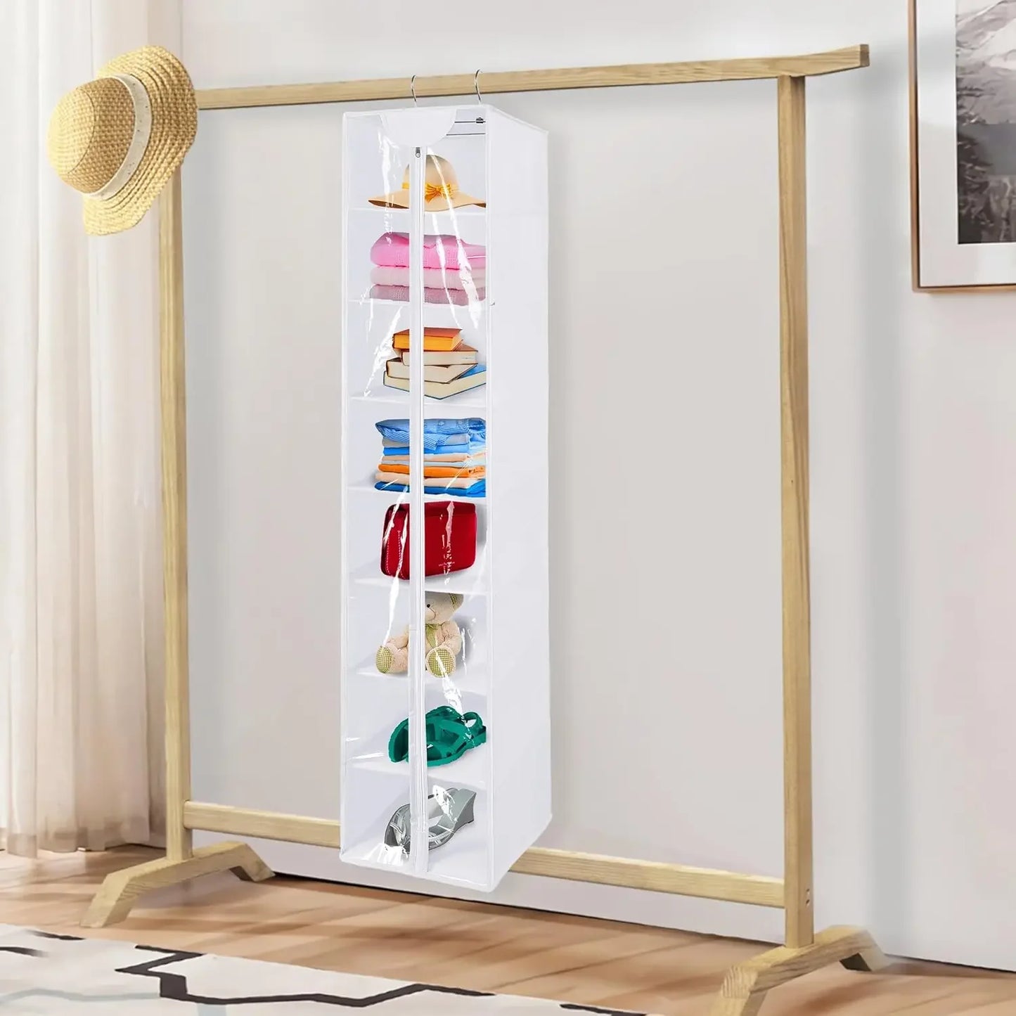 8-Shelf Hanging Closet Organizer with Zipper, Breathable Storage for Sweaters, Shoes, and More in White Peaceful Pleasures Health and Wellness