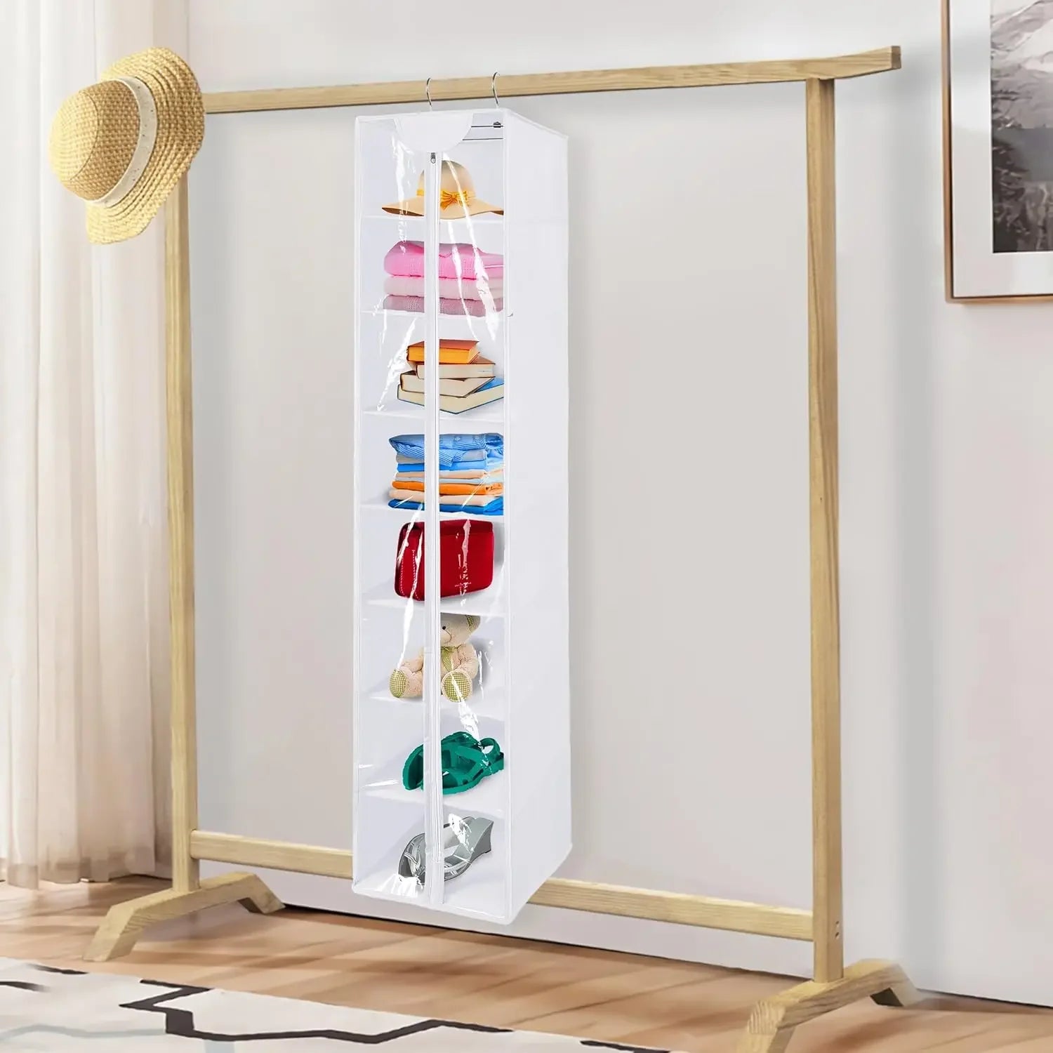 8-Shelf Hanging Closet Organizer with Zipper, Breathable Storage for Sweaters, Shoes, and More in White Peaceful Pleasures Health and Wellness
