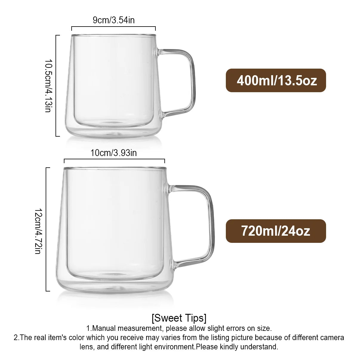 Double Wall Insulated Glass Cups, 13.5oz/24oz Glass Coffee Mugs, Clear Espresso Mugs for Latte, Cappuccino Cup with Handle Peaceful Pleasures Health and Wellness