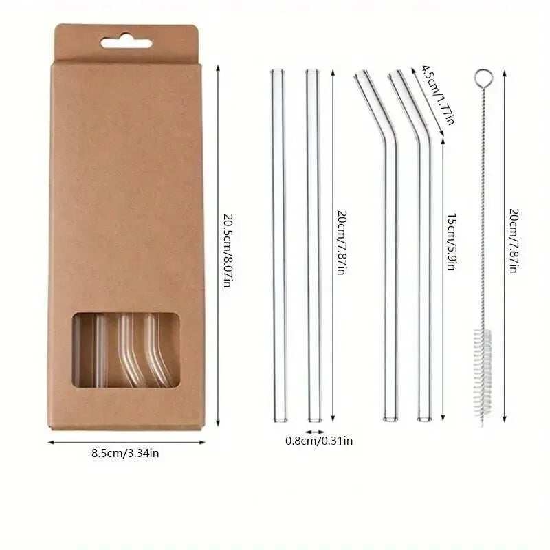 Reusable Heat-Resistant Glass Straws Set – 4 Straws + Cleaning Brush for Smoothies, Tea & Juice