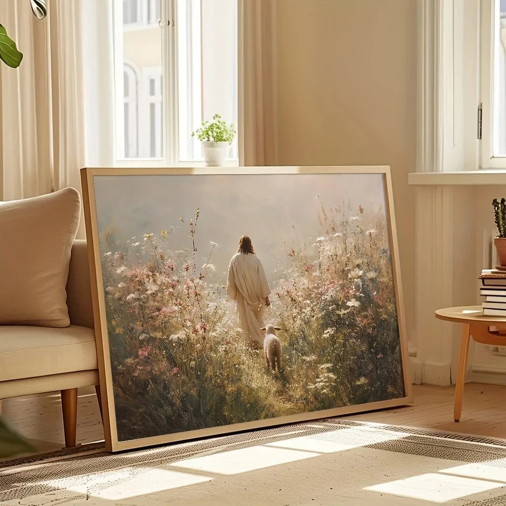 Retro Jesus Good Shepherd Canvas Wall Art | Religious Home Decor