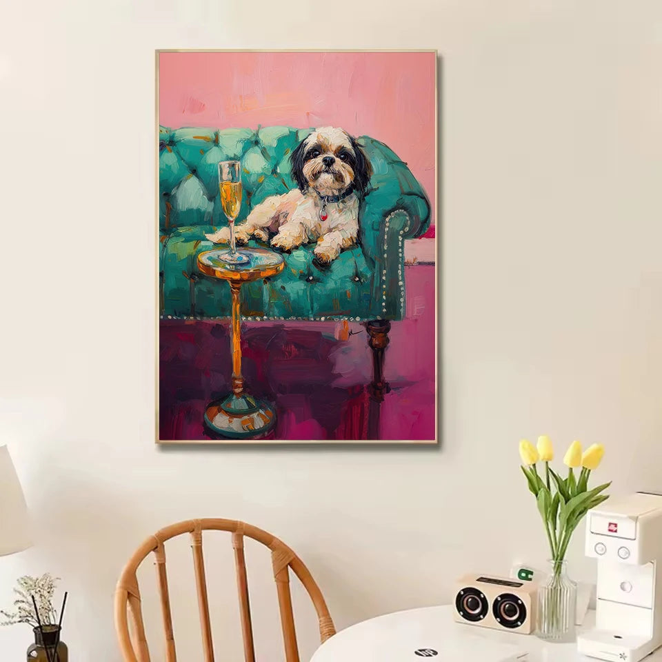 Trendy Cute Quirky Calico Cat with Martini Champagne Cocktail on The Sofa Poster Canvas Painting Wall Art Pictures Home Decor Peaceful Pleasures Health and Wellness