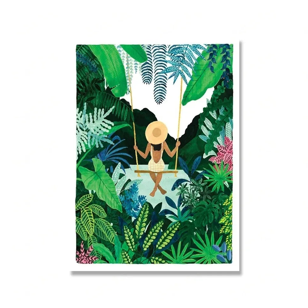 (1pc frameless)Green Botanical Porch Summer Shower Waterfall Wall Art Canvas Painting Nordic Poster Print Picture For Living Peaceful Pleasures Health and Wellness 9 40x50cm Unframed