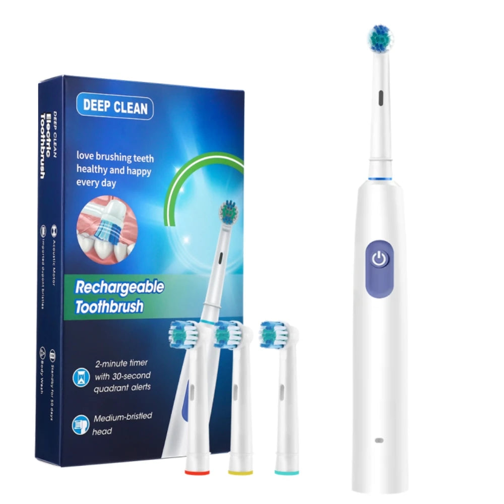 Electric Toothbrush Rotary Rechargeable Teeth Cleaner for Adults Soft Bristles Rotating Round Brush Heads Smart Timer Toothbrush Peaceful Pleasures Health and Wellness White 4pcs heads