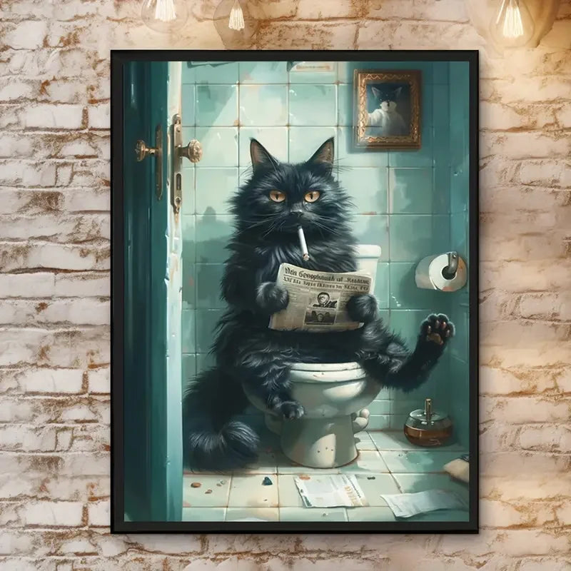 Funny Black Cat Toilet Canvas Poster | Retro Wall Art Print