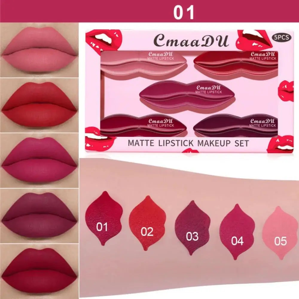 CmaaDu 5-Pc Matte Lipstick Set – Waterproof, Long-Lasting