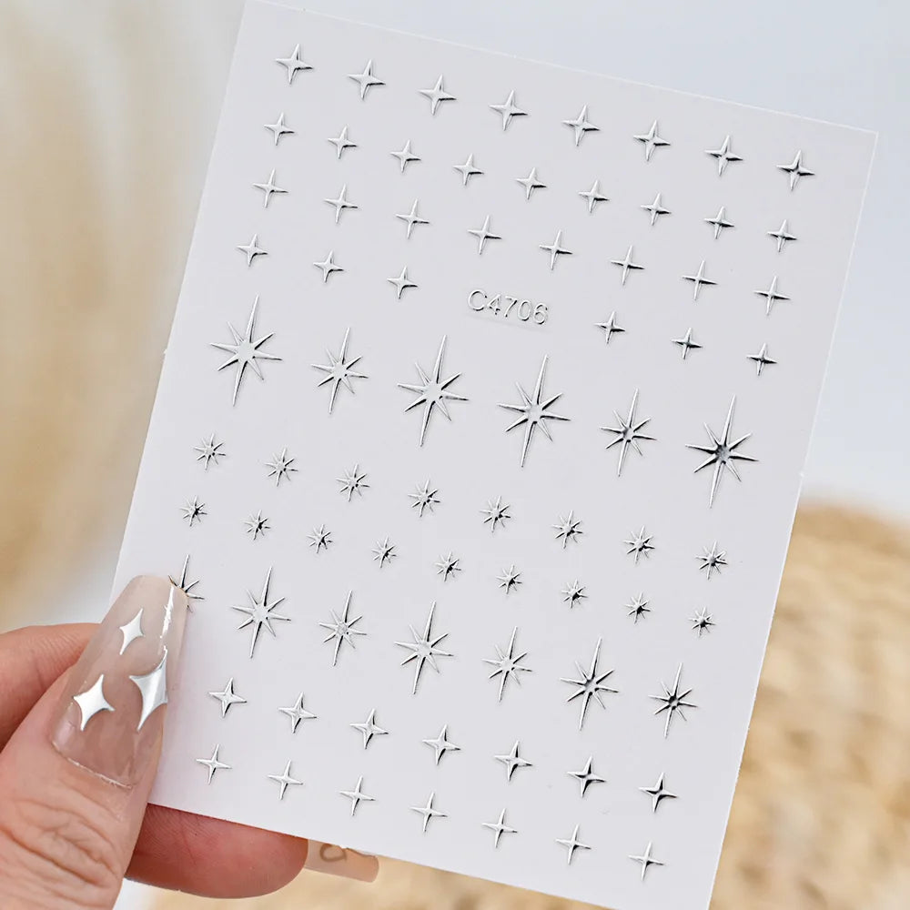 3D Silver Nail Art Stickers – Stars, Hearts & Chain Decals