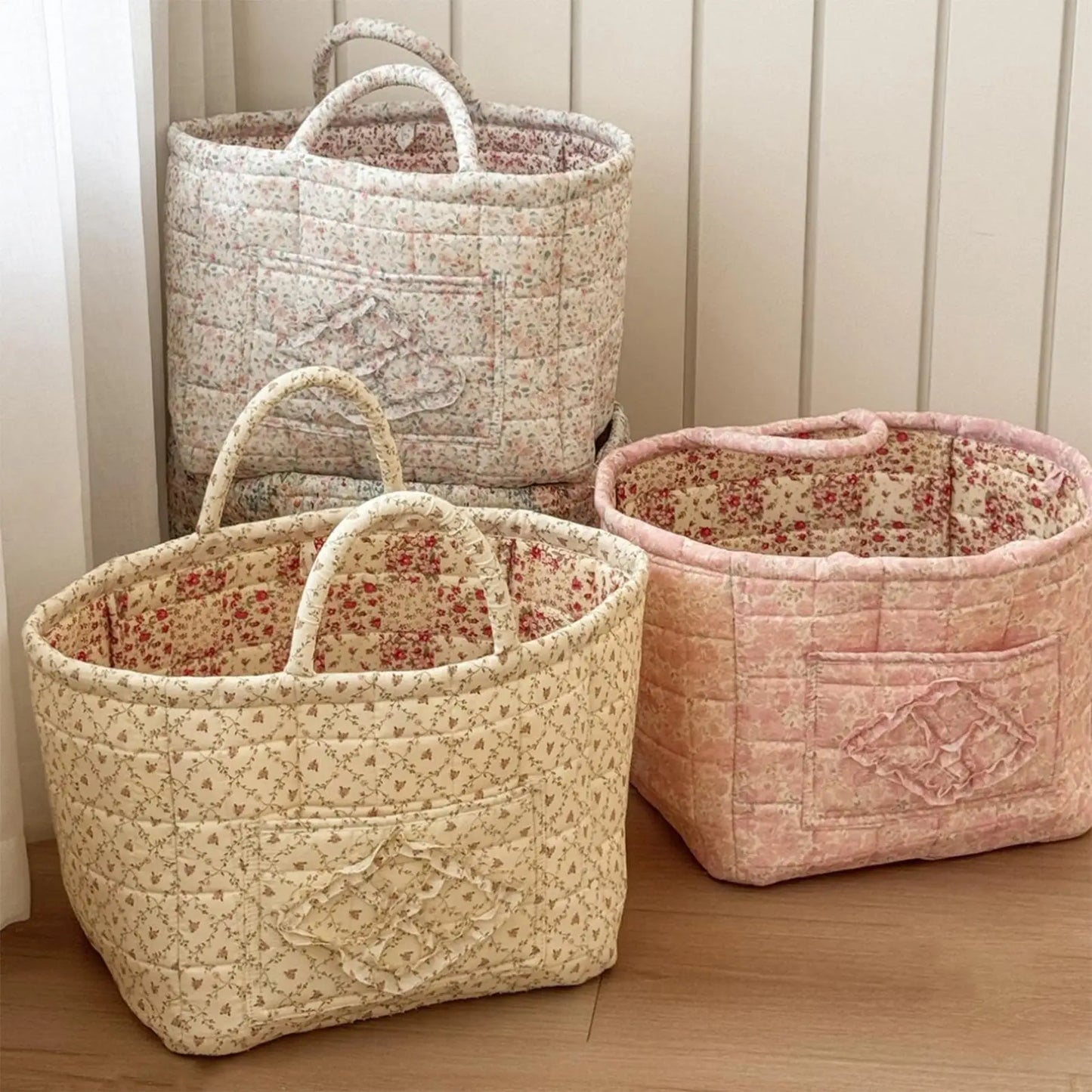 Boho Floral Quilted Storage Basket – Foldable Fabric Organizer