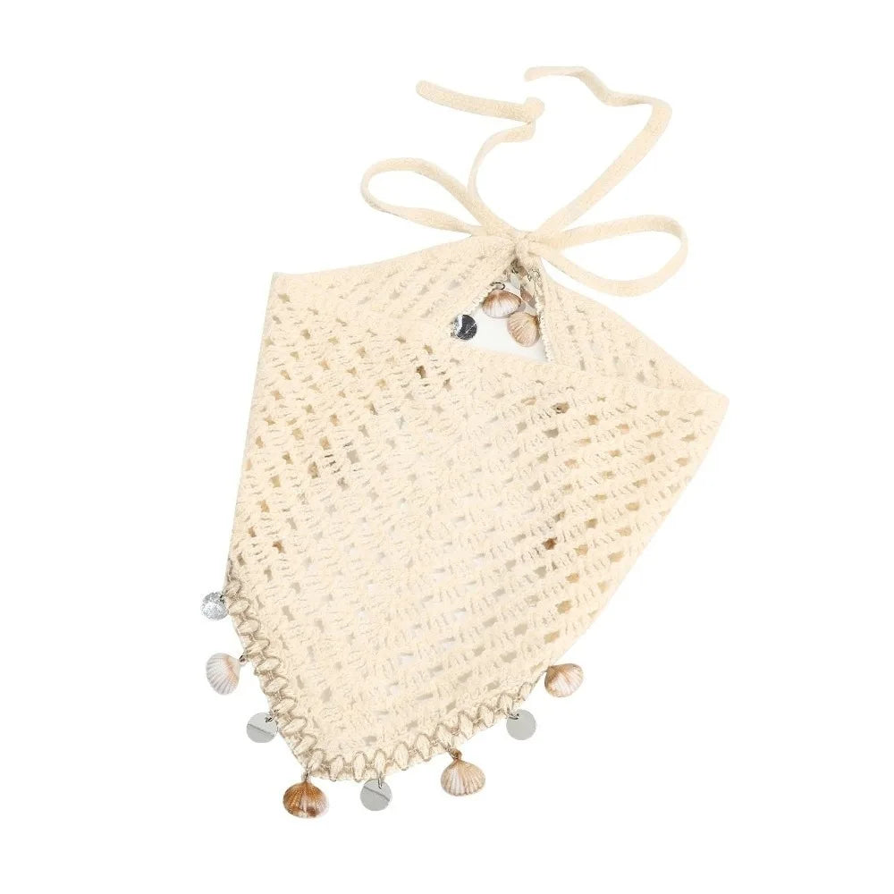 Seashell Tassel Crochet Triangle Headscarf | Boho Head Wrap Crochet Head Wrap Peaceful Pleasures Health and Wellness White with Conch
