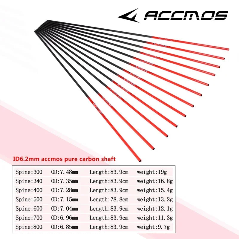 12 ACCMOS Arrow Shaft Pure Carbon Spine 300 340 400 500 600 700 800