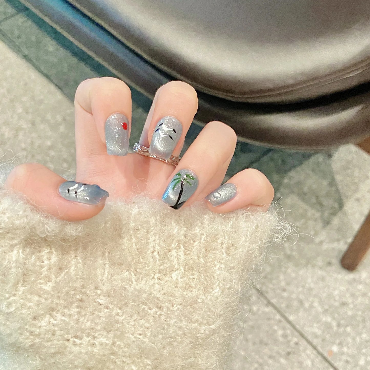 Handmade Press-On Nails Blue Coconut Tree Cat Eye Design