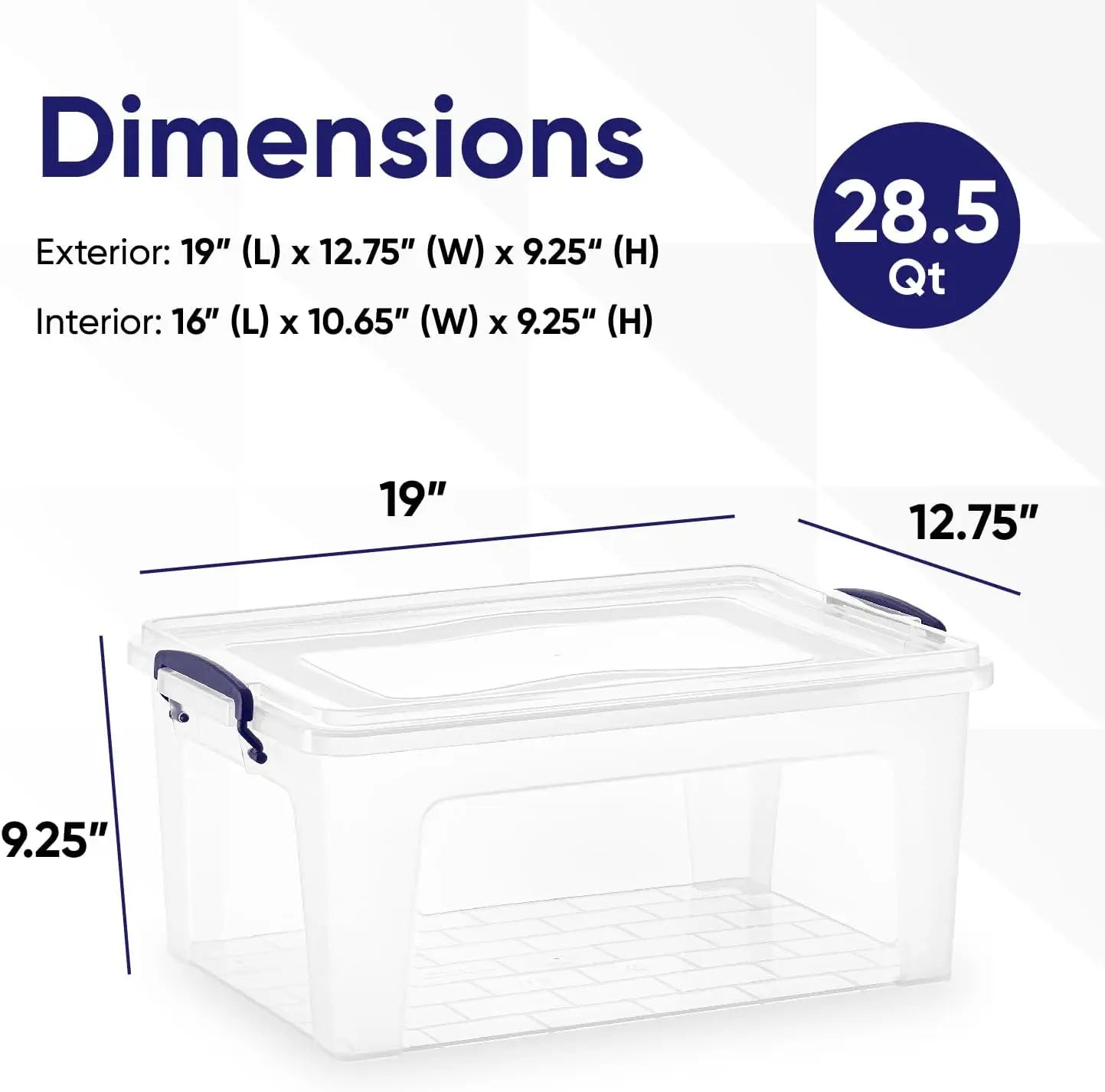 Storage container with dimensions labeled on a white background