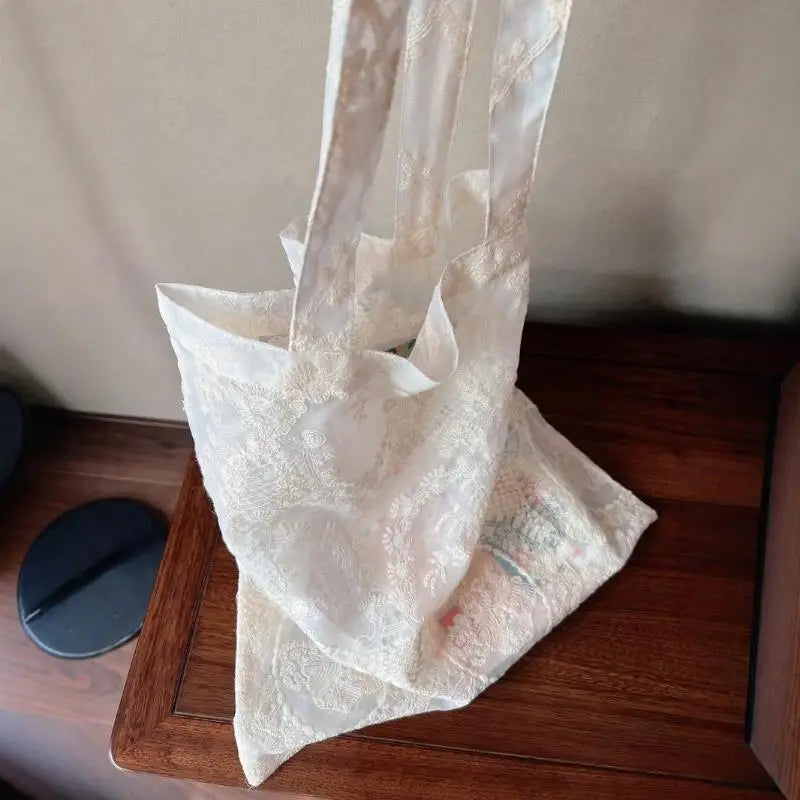 Embroidered Lace Organza Tote Bag – Vintage Handmade Purse