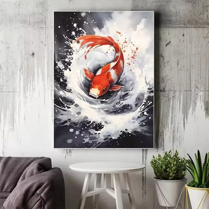 Red Koi Fish Lotus Canvas Wall Art | Good Luck Home Decor