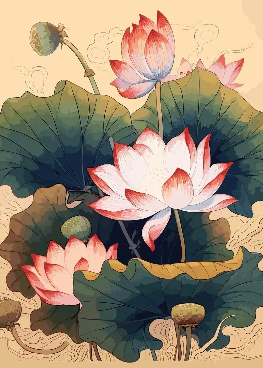 Chinese Lotus Flower Canvas Wall Art Print | Unframed Poster