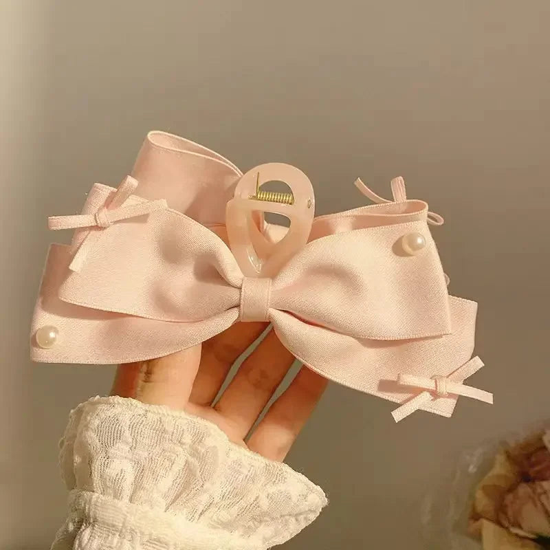 New Elegant Korean Bow Hairpin Pearl Accessory Simple Hair Clamp Creative Fashionable and Versatile Bow Hair Clip Hair Accessory Peaceful Pleasures Health and Wellness pink