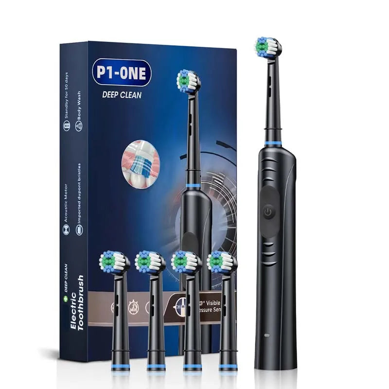 Waterproof Rechargeable Rotating Electric Toothbrush with 3 Cleaning Modes Oral B Round Head Rotating Design Travel Box Peaceful Pleasures Health and Wellness black