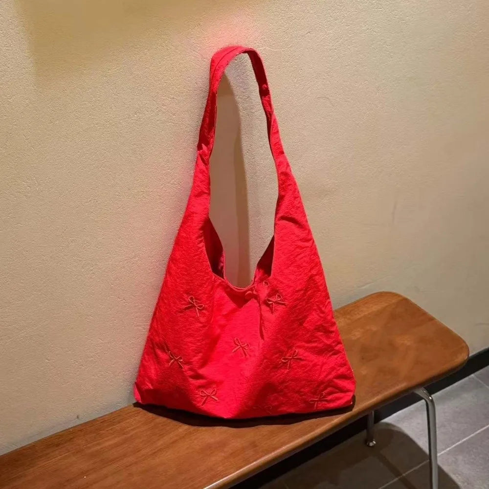 Bowknot Embroidered Canvas Tote Bag | Large Shoulder Handbag Canvas Tote Bag Peaceful Pleasures Health and Wellness Red